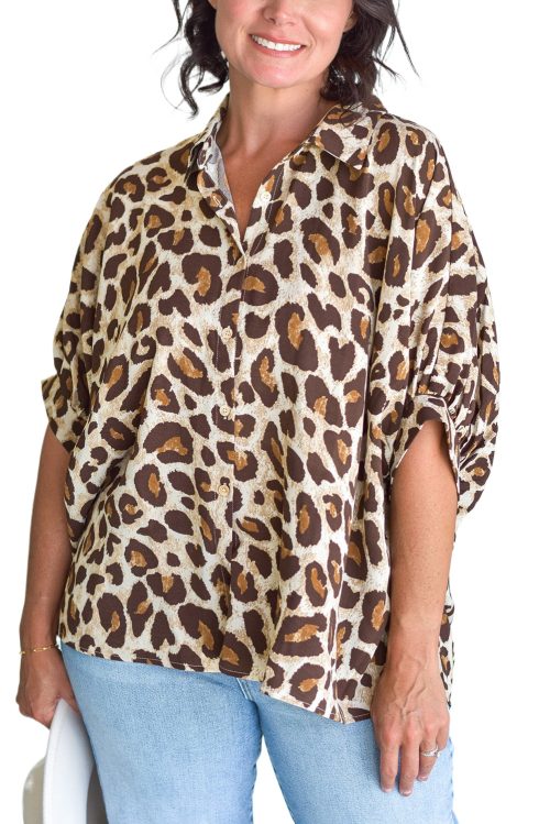 Plus Size Women's Khaki Leopard Print Short Sleeve Buttoned Shirt