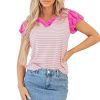 Women's Pink Stripe Ruffled V Neck Cap Puff Sleeve Top for Everyday Elegance - Image 17