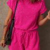 Women's Rose Red Mineral Wash Drawstring Waist Hollow Out Back Short Sleeve Romper - Image 7