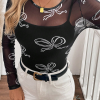 Women's Black Round Neck Long Sleeve Mesh Top with Bow Print - Image 6