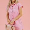 Women's Pink Short Sleeve Denim Shirt Dress with Double Chest Pockets - Image 8