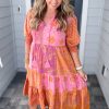 Plus Size Pink Boho Paisley Floral Mixed Patchwork Midi Dress with Tassel Tie - Image 2