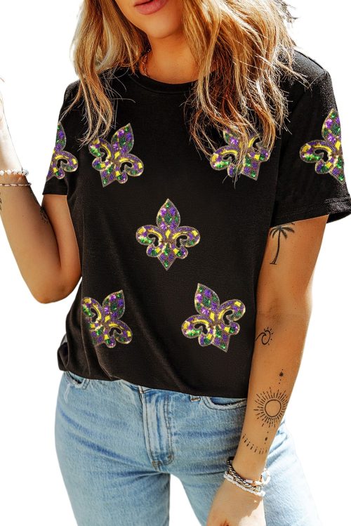 Women's Black Mardi Gras Sequin Fleur de Lis Graphic T-Shirt for Celebrations