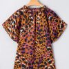 Women's Orange Leopard Printed Draped Short Sleeve Slit V Neck Blouse - Image 7