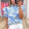 Women's Sky Blue Floral Print Ruffle Sleeve Button Up Shirt for Elegant Style - Image 3