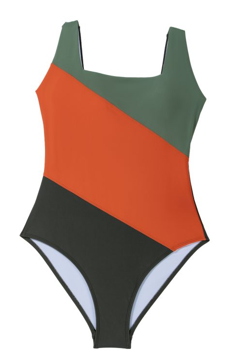 Women's Duffel Green Color Block Padded Square Neck One Piece Swimsuit