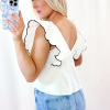 Women's Elegant White Contrast Bow Ruffle Trim V Neck Blouse - Image 2