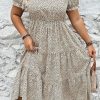 Women's Plus Size Beige Leopard Print Frill Trim Short Sleeve Flared Midi Dress - Image 6