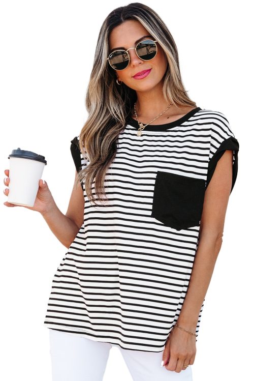 Women's Casual Black Stripe Round Neck Tank Top with Chest Pocket