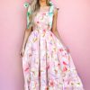 Women's Pink Floral Print Knotted Shoulder Smocked Maxi Dress for Summer - Image 2