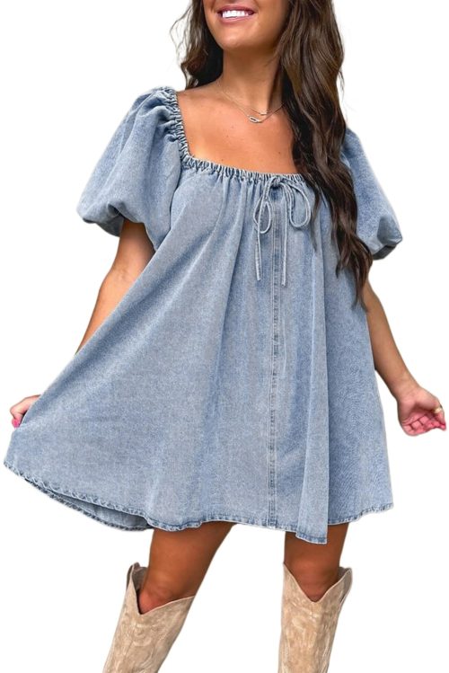 Women's Myosotis Bubble Sleeve Square Neck Denim Babydoll Dress - Playful & Chic