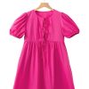 Bright Pink Puff Sleeve Tie Front High Waist Mini Dress for Women - Image 14