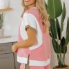 Women's Pink Textured Colorblock Patchwork Tee and High-Waist Shorts Set - Image 3