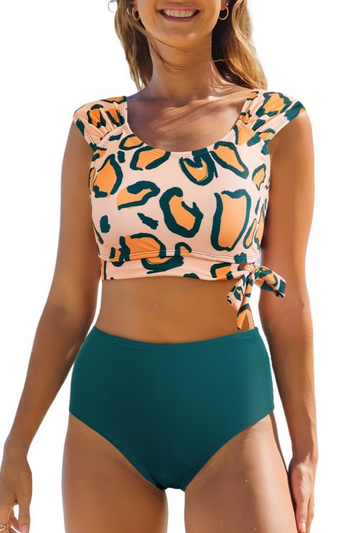 Women's Green Leopard Print U Neck Knotted High Waist Bikini Set - Stylish Summer Swimwear