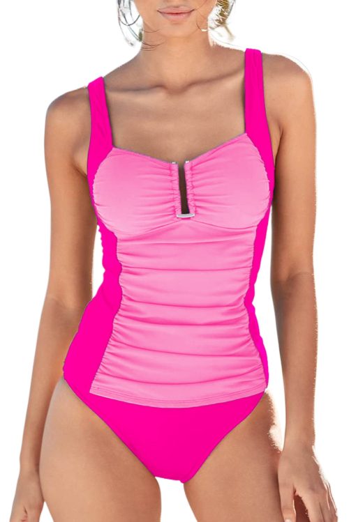 Bonbon Ruched Tummy Control 2pcs Tankini Swimsuit - Cute U Neck Design