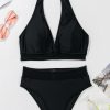 Women's Black Sheer Mesh Edged Halter V Neck Push Up Bikini - Flattering and Stylish Swimwear - Image 6