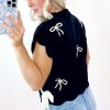 Women's Black Bow Print Scalloped Hem Short Sleeve Sweater T-Shirt - Image 2