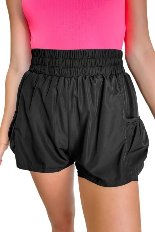 Women's Black Elastic High Waist Pocketed Casual Shorts for Summer