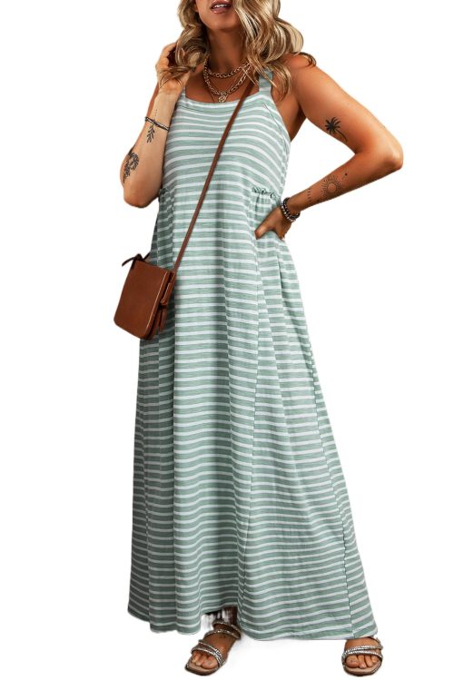 Women's Green Stripe Shirred Frilled High Waist Sleeveless Maxi Dress