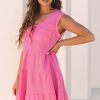 Bright Pink Waffle Textured Button Round Neck A-Line Tiered Sleeveless Dress for Women - Image 3