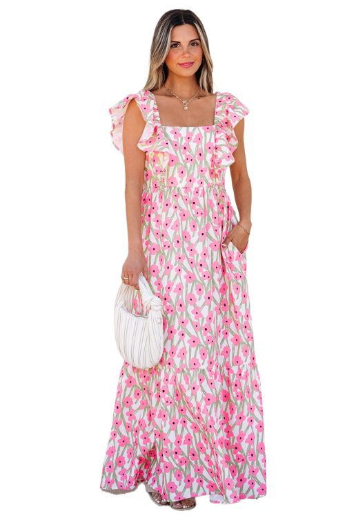 Women's Pink Floral Print Square Neck Ruffled Strap Maxi Dress for Summer