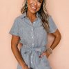 Women's Blue Stripe Buttoned Belted High Waist Romper with Chest Pockets - Image 6