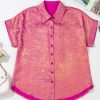 Women's Rose Red Metallic Sheen Short Sleeve Buttoned Front Casual Shirt - Image 6