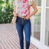 Women's Pink Floral Print Blouse with Contrast Ruffle Trim and Flutter Sleeves - Image 3