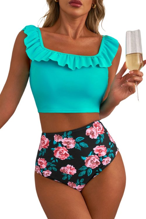 Women's Sea Green Solid Ruffled Square Neck Swim Top with Floral Shorts Bikini Set