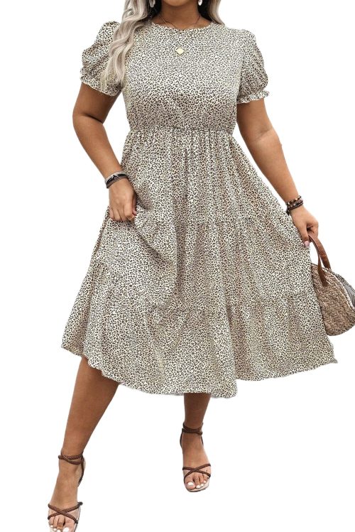 Women's Plus Size Beige Leopard Print Frill Trim Short Sleeve Flared Midi Dress