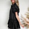 Women's Black Puff Sleeve Ruffle Hem Button Down Shirt Dress - Image 3
