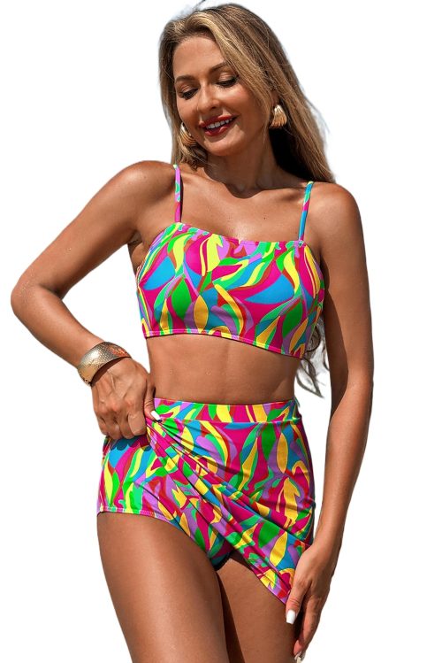 Women's Multicolour Abstract Print Textured Spaghetti Strap High Waist Bikini Set - Bohemian Style