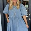 Chic Dusk Blue Bowknot Bubble Sleeve Short Denim Dress for Women - Image 3