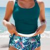 Women's Sea Green Drawstring Tummy Control 2-Piece Tankini Swimsuit with Floral Shorts - Image 2