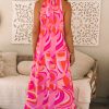 Women's Rose Abstract Printed High Neck Knotted Nape Sleeveless Maxi Dress - Image 2