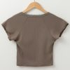 Women's Dark Brown Lace Splicing Criss Cross Slim Fit V Neck T-Shirt - Image 9