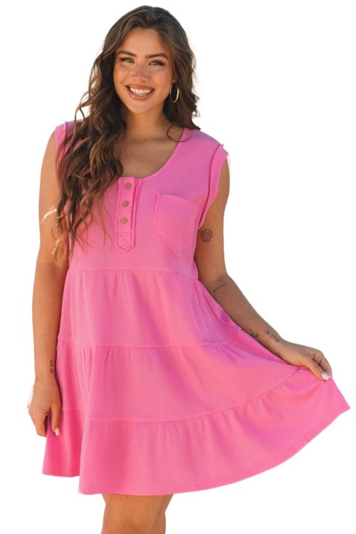 Bright Pink Waffle Textured Button Round Neck A-Line Tiered Sleeveless Dress for Women