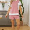 Women's Pink Textured Colorblock Patchwork Tee and High-Waist Shorts Set - Image 6