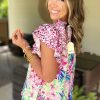 Women's Pink Floral Mixed Print Ruffle Cap Sleeve Blouse for Stylish Summer Wear - Image 3