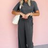 Women's Dark Grey Drawstring Side Crewneck Tee and Loose Pants Set - Casual Summer Outfit - Image 2