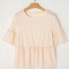 Elegant Women's Beige Solid Color Textured Ruffled Short Sleeve Blouse - Image 3