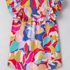 Women's Pink Abstract Printed Ruffled Flutter Sleeve Tied Split V Neck Blouse - Image 11