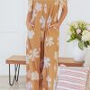 Women's Khaki Floral Print Sleeveless Button Up Wide Leg Loose Jumpsuit - Image 9