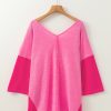 Women's Sachet Pink Contrast Patchwork V Neck Blouse with 3/4 Sleeves - Image 6