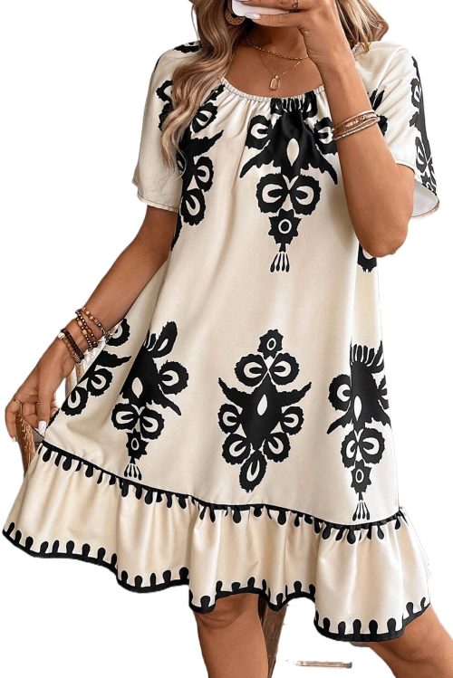 Women's Apricot Western Print Ruffled Short Sleeve Loose Dress