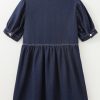 Women's Dirty Blue Zipped Bodice Collared Mini Denim Dress with Puff Sleeves - Image 6