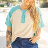 Plus Size Mint Green Color Block Raglan Sleeve Buttoned T-Shirt for Women - Image 5