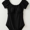 Women's Black Elastic Neckline Short Sleeve One Piece Swimsuit - Stylish Beachwear - Image 6