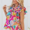 Women's Pink Abstract Printed Ruffled Flutter Sleeve Tied Split V Neck Blouse - Image 3