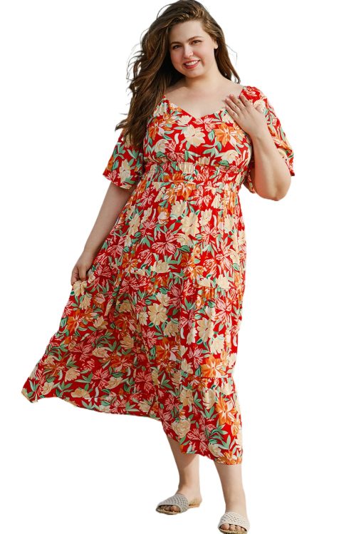 Women's Plus Size Orange Floral V Neck Flutter Sleeve Dress - Cinched Waist for Flattering Fit